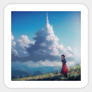 A girl in a red dress standing on a hill and looking at castle shaped clouds Sticker
